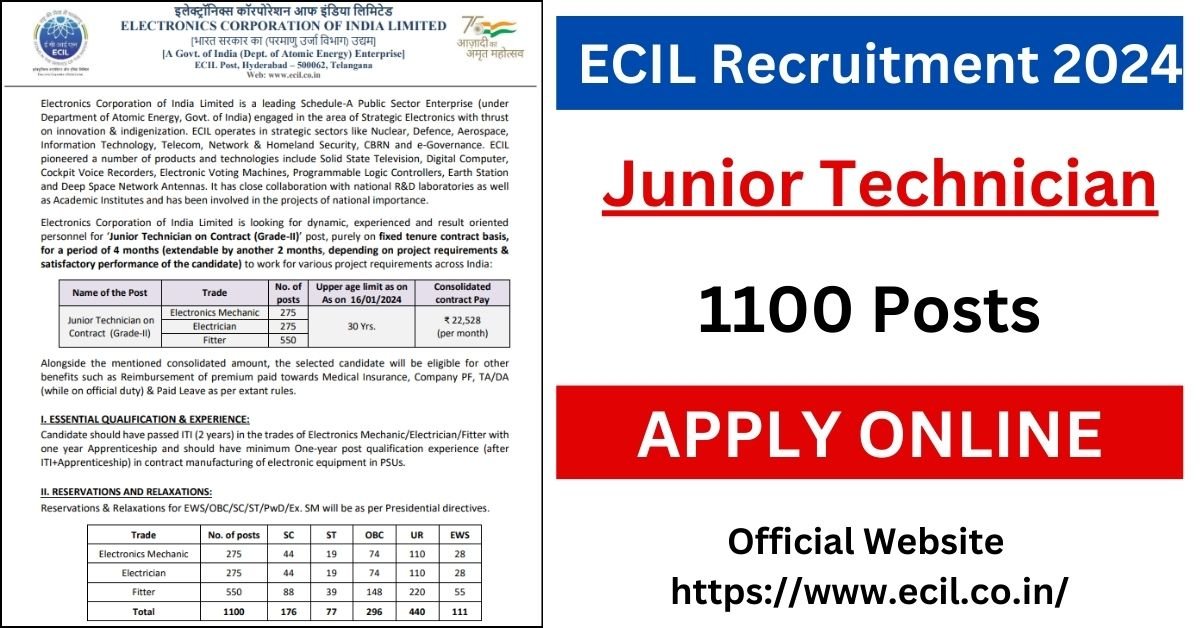 ECIL Recruitment 2024 Apply for 1100 Junior Technician Posts