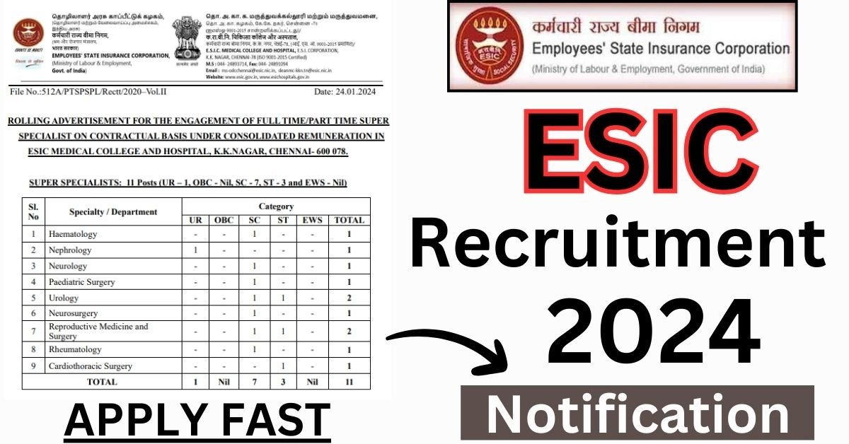 ESIC Recruitment 2024 Apply Online For Super Specialist Posts