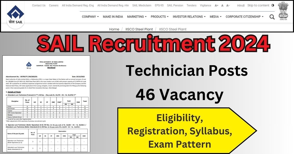 SAIL IISCO Recruitment 2024 Apply For 46 Vacancies for 10th Pass Candidates