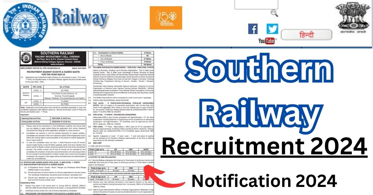 Southern Railway Recruitment 2024 for 17 Scouts & Guides Quota Posts