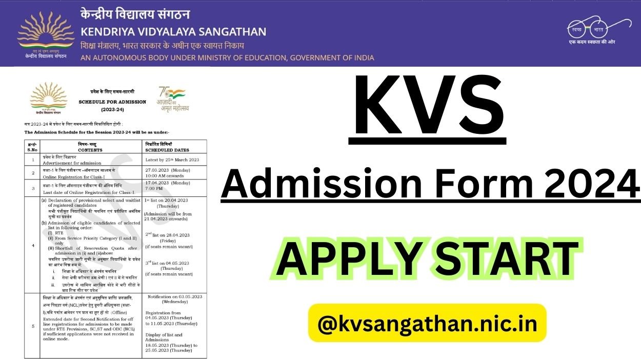 KVS Admission Form 2024 – Check KVS Application Form Date, Eligibility, Documents, Apply Online, @kvsangathan.nic.in